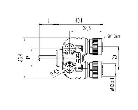 Scale drawing M12 Twin distributors Y-distributor, male connector - 2 female connector, Contacts: 4, unshielded, moulded on the cable, IP68, UL 2238, PUR, black, 4 x 0.25 mm², with LED PNP, 2 m