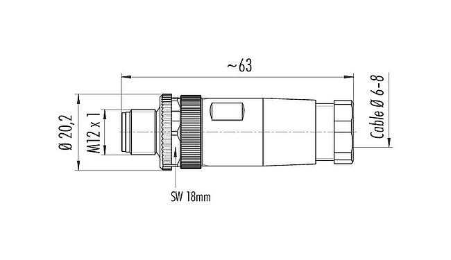 比例图 M12 直头针头电缆连接器, 极数: 4, 6.0-8.0mm, 非屏蔽, 螺钉接线, IP67, UL 2238, VDE