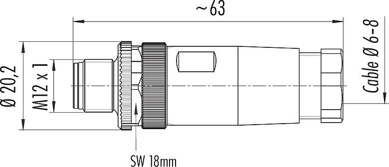 比例图 M12 直头针头电缆连接器, 极数: 4, 6.0-8.0mm, 非屏蔽, 螺钉接线, IP67, UL 2238, VDE