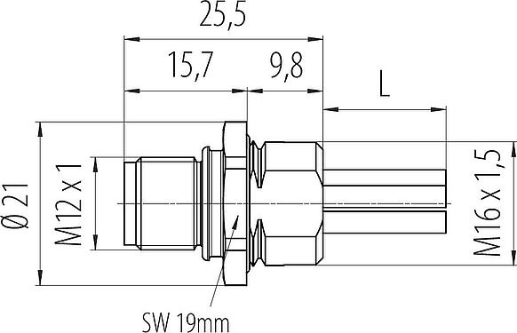 比例图 M12 针头法兰座, 极数: 4+FE, 非屏蔽, 带导线, IP68, M16x1.5, 板前安装, UL 2237正在准备中
