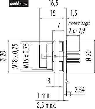 比例图 M16 针头法兰座, 极数: 12 (12-a), 非屏蔽, THT, IP67, M18x0,75, 後壁安裝