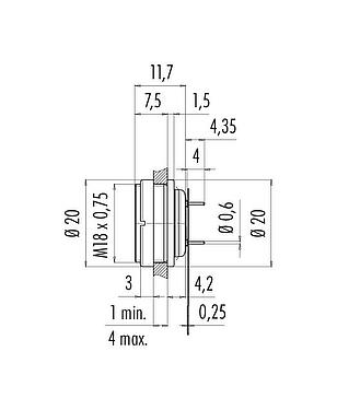 比例图 M16 孔头法兰座, 极数: 12 (12-a), 非屏蔽, THT, IP67, M18x0,75, 後壁安裝