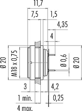 比例图 M16 孔头法兰座, 极数: 12 (12-a), 非屏蔽, THT, IP67, M18x0,75, 後壁安裝