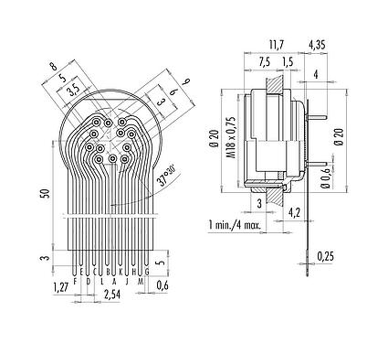 连接和尺寸 M16 孔头法兰座, 极数: 12 (12-a), 非屏蔽, THT, IP67, M18x0,75, 後壁安裝