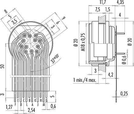 连接和尺寸 M16 孔头法兰座, 极数: 12 (12-a), 非屏蔽, THT, IP67, M18x0,75, 後壁安裝