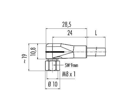 Scale drawing 77 3708 0000 20003-0500 - M8 Female angled connector, Contacts: 3, unshielded, moulded on the cable, IP67, UL, PVC, grey, 3 x 0.34 mm², stainless steel, 5 m