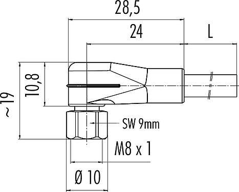 Scale drawing M8 Female angled connector, Contacts: 3, unshielded, moulded on the cable, IP67/IP69K, UL 2238, PVC, grey, 3 x 0.34 mm², stainless steel, 2 m