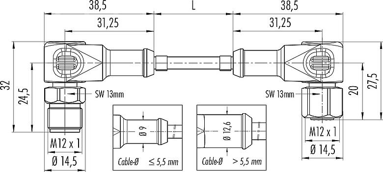 Scale drawing M12 Connecting cable male angled connector - female angled connector, Contacts: 8, unshielded, moulded on the cable, IP67/IP69K, UL 2238, Ecolab, PVC, grey, 8 x 0.25 mm², Food & Beverage, stainless steel, 2 m