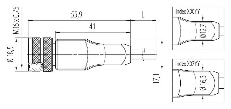 Scale drawing M16 Female cable connector, Contacts: 3, unshielded, moulded on the cable, IP67, PUR, black, 3 x 0.34 mm², 2 m
