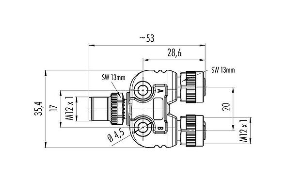 Scale drawing M12 Twin distributors, Y-distributor, male connector - 2 female connector, Contacts: 4/3, unshielded, pluggable, IP68, UL 2238