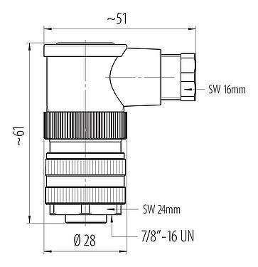 比例图 7/8" 弯角孔头电缆连接器, 极数: 3+PE, 6.0-8.0mm, 非屏蔽, 螺钉接线, IP67, UL 2238, VDE
