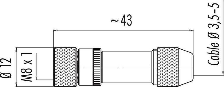 Scale drawing M8 Female cable connector, Contacts: 4, 3.5-5.0 mm, shieldable, solder, IP67, UL 2238