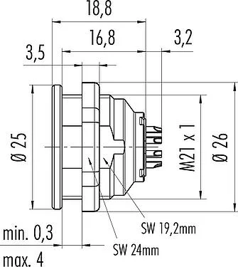 比例图 Push Pull 孔头法兰座, 极数: 12, 可接屏蔽, 焊接, IP67, M21x1,0, 板前安装