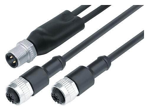 插图 M12 电缆分配器出口-2孔头带电缆连接器, 极数: 4/3, 非屏蔽, 预铸电缆, IP68, UL 2238, PUR, 黑色, 3x0.34mm², 1m