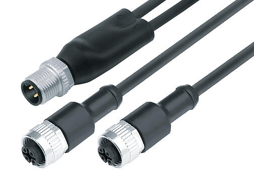 Illustration 77 9829 3430 50003-0200 - M12 male duo connector - 2 female cable connectors M12x1, Contacts: 4/3, unshielded, moulded on the cable, IP68, PUR, black, 3 x 0.34 mm², 2 m