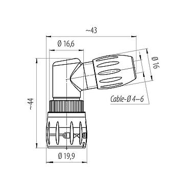Scale drawing Bayonet Male angled connector, Contacts: 8, 4.0-6.0 mm, unshielded, solder, IP67