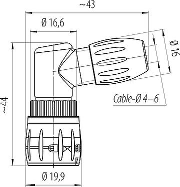 Scale drawing Bayonet Male angled connector, Contacts: 8, 4.0-6.0 mm, unshielded, solder, IP67