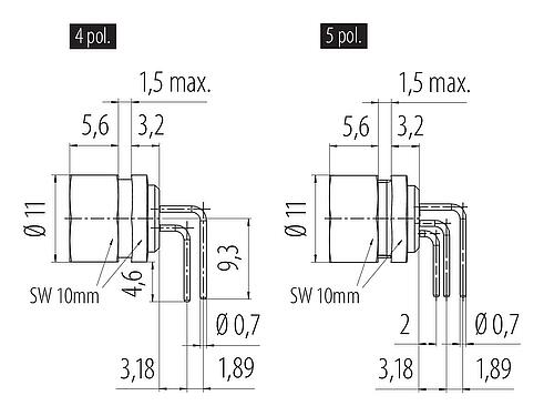 Scale drawing M9 Female angled panel mount connector, Contacts: 5, unshielded, THT, IP40, Front mounting