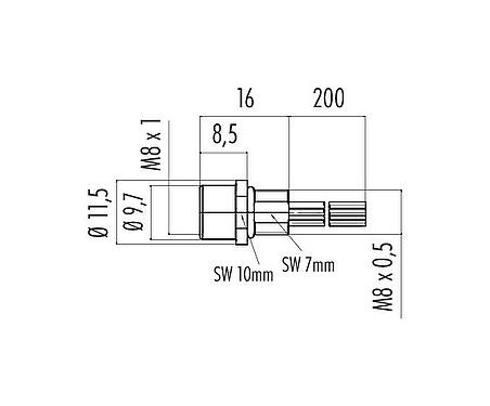 Scale drawing M8 Female panel mount connector, Contacts: 6, unshielded, single wires, IP67/IP69K, UL 2238, M8x0.5, Front mounting, potted