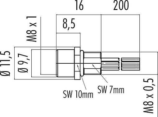 比例图 M8 孔头法兰座, 极数: 3, 非屏蔽, 带导线, IP67/IP69K, UL 2238, M8x0.5, 板前安装, 模压成型