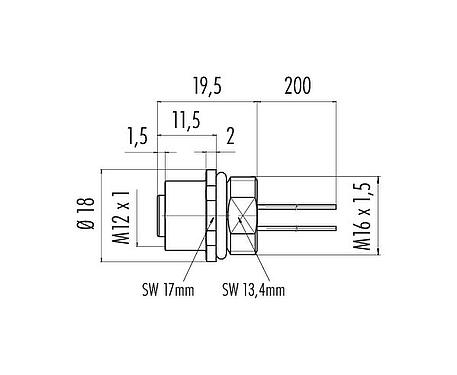 比例图 M12 孔头法兰座, 极数: 12, 非屏蔽, 带导线, IP67, UL 2238, M16x1.5, 板前安装, 模压成型
