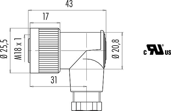 比例图 M18 弯角孔头电缆连接器, 极数: 4, 6.5-8.0mm, 非屏蔽, 螺钉接线, IP67, UL