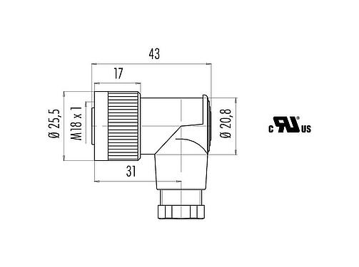 比例图 M18 弯角孔头电缆连接器, 极数: 4, 6.5-8.0mm, 非屏蔽, 螺钉接线, IP67, UL