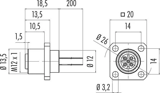 比例图 M12 孔头方型法兰座, 极数: 8, 非屏蔽, 带导线, IP40, UL 2238, M3 (4x), 板前安装, 模压成型