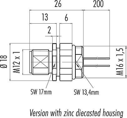 Scale drawing M12 Male panel mount connector, Contacts: 5, unshielded, single wires, IP68, UL 2238, M16x1.5, Front mounting