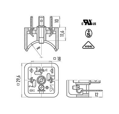 比例图 弯角朝内的针头电源连接器, 极数: 3+PE, 非屏蔽, 焊接, IP40 不带密封圈, UL, ESTI+, VDE