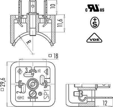 比例图 弯角朝内的针头电源连接器, 极数: 2+PE, 非屏蔽, 焊接, IP40 不带密封圈, UL, ESTI+, VDE
