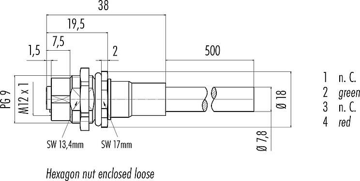 Scale drawing M12 Female panel mount connector, Contacts: 2, shielded, with cable assembled, IP68, PG 9, Profibus, PUR, violet, 1 x 2 x 0.25 mm², Rear mounting, 0.5 m