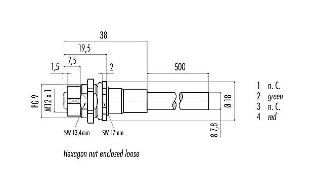 Scale drawing 70 4434 247 04 - M12 Female panel mount connector, Contacts: 2, shielded, with cable assembled, IP68, PG 9, Profibus, PUR, violet, 1 x 2 x 0.25 mm², Rear mounting, 0.5 m