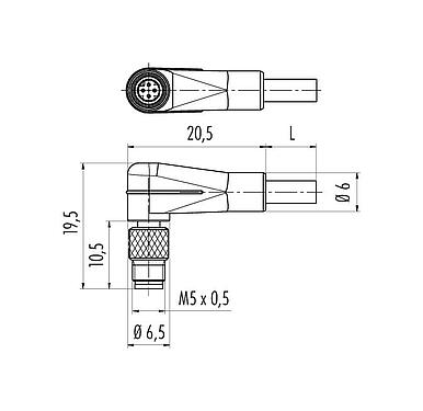 Scale drawing 77 3457 0000 40004-0200 - M5 Male angled connector, Contacts: 4, unshielded, moulded on the cable, IP67, UL, M5x0.5, PUR, black, 4 x 0.14 mm², 2 m