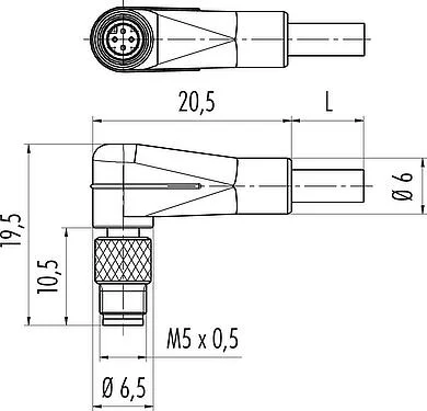 比例图 M5 弯角针头电缆连接器, 极数: 4, 非屏蔽, 预铸电缆, IP67, UL 2238, M5x0.5, PUR, 黑色, 4x0.14mm², 2m