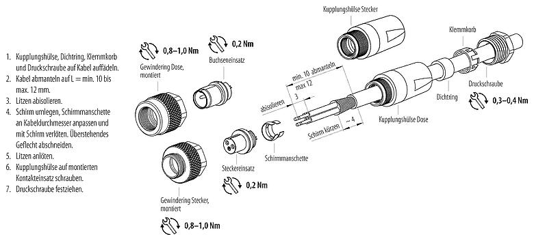 装配说明 99 0410 10 04 - M9 直头孔头电缆连接器, 极数: 4, 3.5-5.0mm, 可接屏蔽, 焊接, IP67