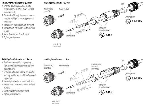 装配说明 99 3721 810 04 - M12 直头针头电缆连接器, 极数: 4, 5.0-8.0mm, 可接屏蔽, 压接（压接触点必须单独订购）, IP67