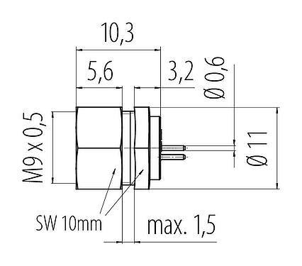 Scale drawing 09 0074 20 02 - M9 Female panel mount connector, Contacts: 2, unshielded, THT, IP40
