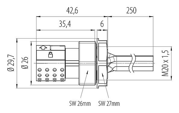 Scale drawing 09 6122 250 06 - Bayonet Female panel mount connector, Contacts: 6, shieldable, single wires, IP66/IP67, UL, M20x1.5