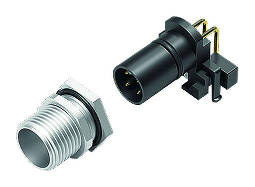 Illustration M12 Male angled panel mount connector, Contacts: 4, unshielded, THR, IP68, UL 2238, Rear mounting, for PCB assembly, two-part design
