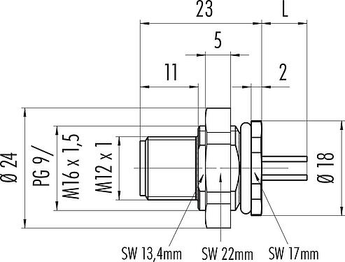 Scale drawing M12 Male panel mount connector, Contacts: 4, unshielded, single wires, IP67, UL 2238, PG 9, Rear mounting