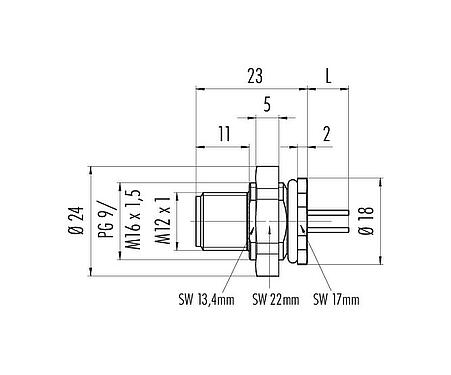 比例图 M12 针头法兰座, 极数: 12, 非屏蔽, 带导线, IP67, M16x1.5, 後壁安裝, 模压成型
