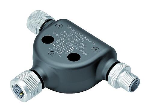Illustration (may vary) M12 Twin distributors, T-distributor, male connector - 2 female connector, Contacts: 4+FE, unshielded, IP65, M12x1.0