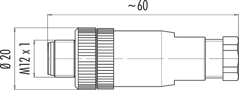Scale drawing M12 Male cable connector, Contacts: 4, 4.0-6.0 mm, unshielded, screw clamp, IP67, UL 2238
