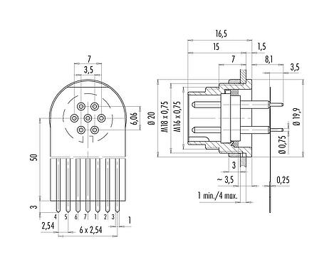 Connection & dimensions M16 Male panel mount connector, Contacts: 7 (07-a), unshielded, THT, IP40, M18x0,75, Rear mounting, potted
