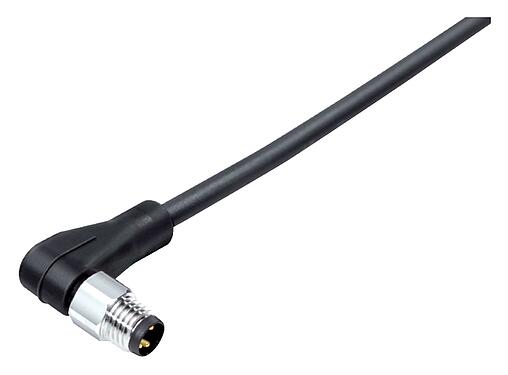Illustration M8 Male angled connector, Contacts: 6, unshielded, moulded on the cable, IP67/IP69K, UL 2238, PUR, black, 6 x 0.25 mm², stainless steel, 2 m
