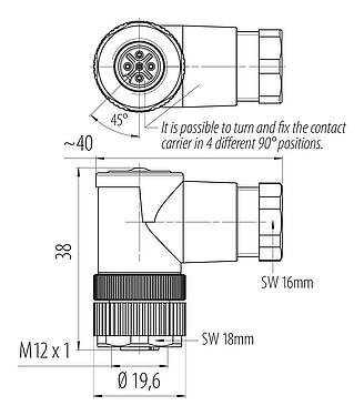 Scale drawing M12 Female angled connector, Contacts: 5, 6.0-8.0 mm, unshielded, screw clamp, IP67, UL 2238, PG 9