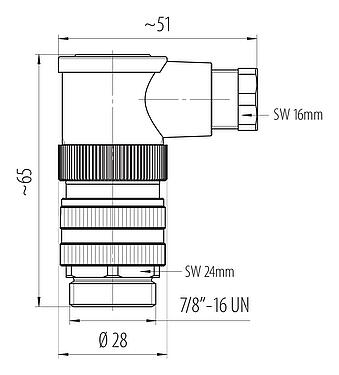 比例图 7/8" 弯角针头电缆连接器, 极数: 3+PE, 6.0-8.0mm, 非屏蔽, 螺钉接线, IP67, UL 2238, VDE