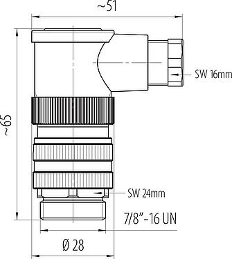 比例图 7/8" 弯角针头电缆连接器, 极数: 4+PE, 6.0-8.0mm, 非屏蔽, 螺钉接线, IP67, UL 2238, VDE