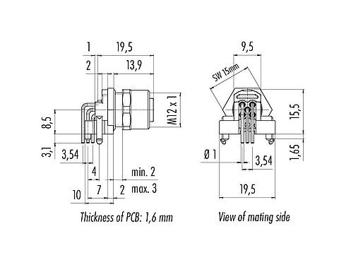 Scale drawing M12 Female angled panel mount connector, Contacts: 5, unshielded, THR, IP68, UL 2238, Front mounting, for PCB assembly